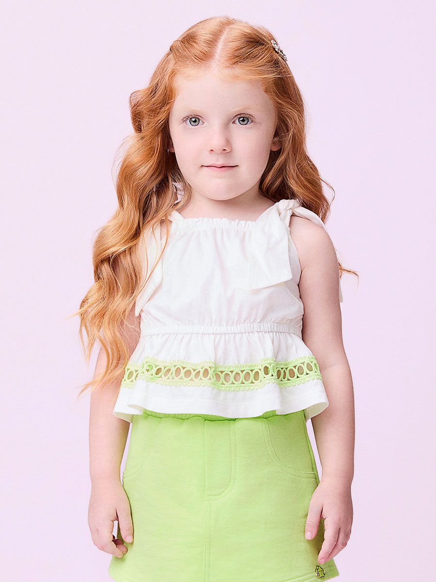 Conjunto Infantil Momi Verão Shorts Saia Verde e Blusa Off Bordada