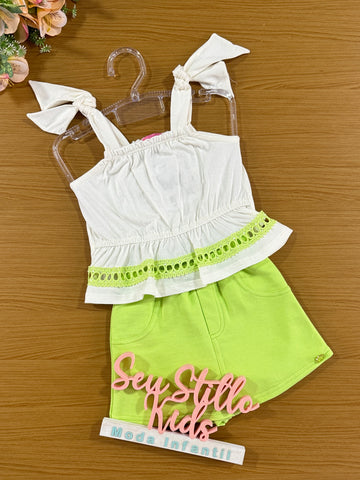 Conjunto Infantil Momi Verão Shorts Saia Verde e Blusa Off Bordada