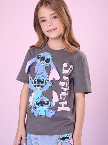 Blusa Infantil Momi Inverno Cinza Stitch com Orelhas