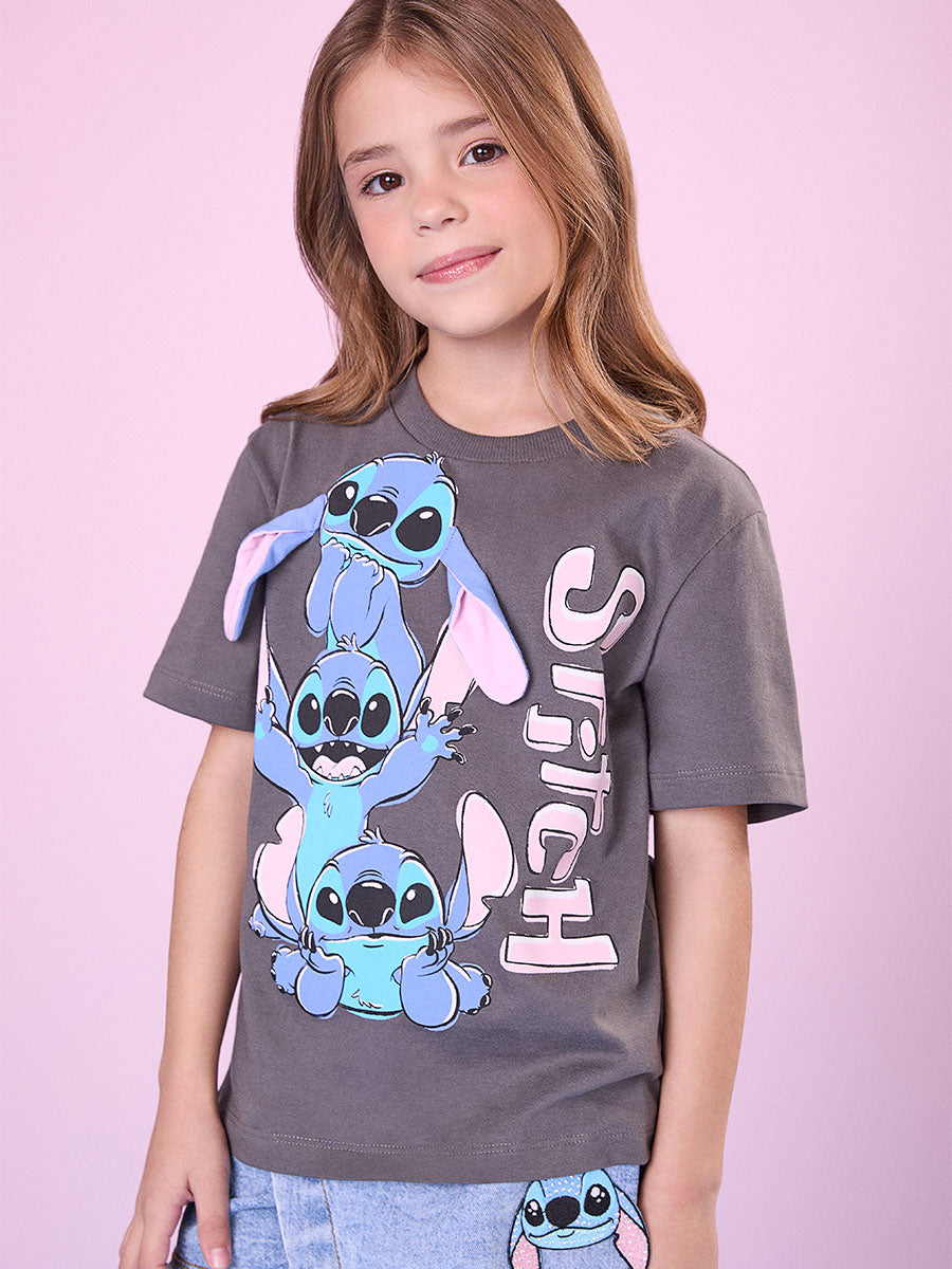Blusa Infantil Momi Inverno Cinza Stitch com Orelhas