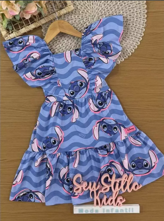 Vestido Infantil Momi Verão Azul Stitch Disney