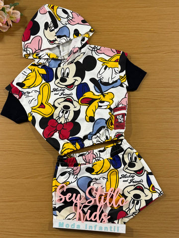 Conjunto Infantil Animê Inverno Shorts Saia e Blusa Com Capuz Mickey And Friends Disney