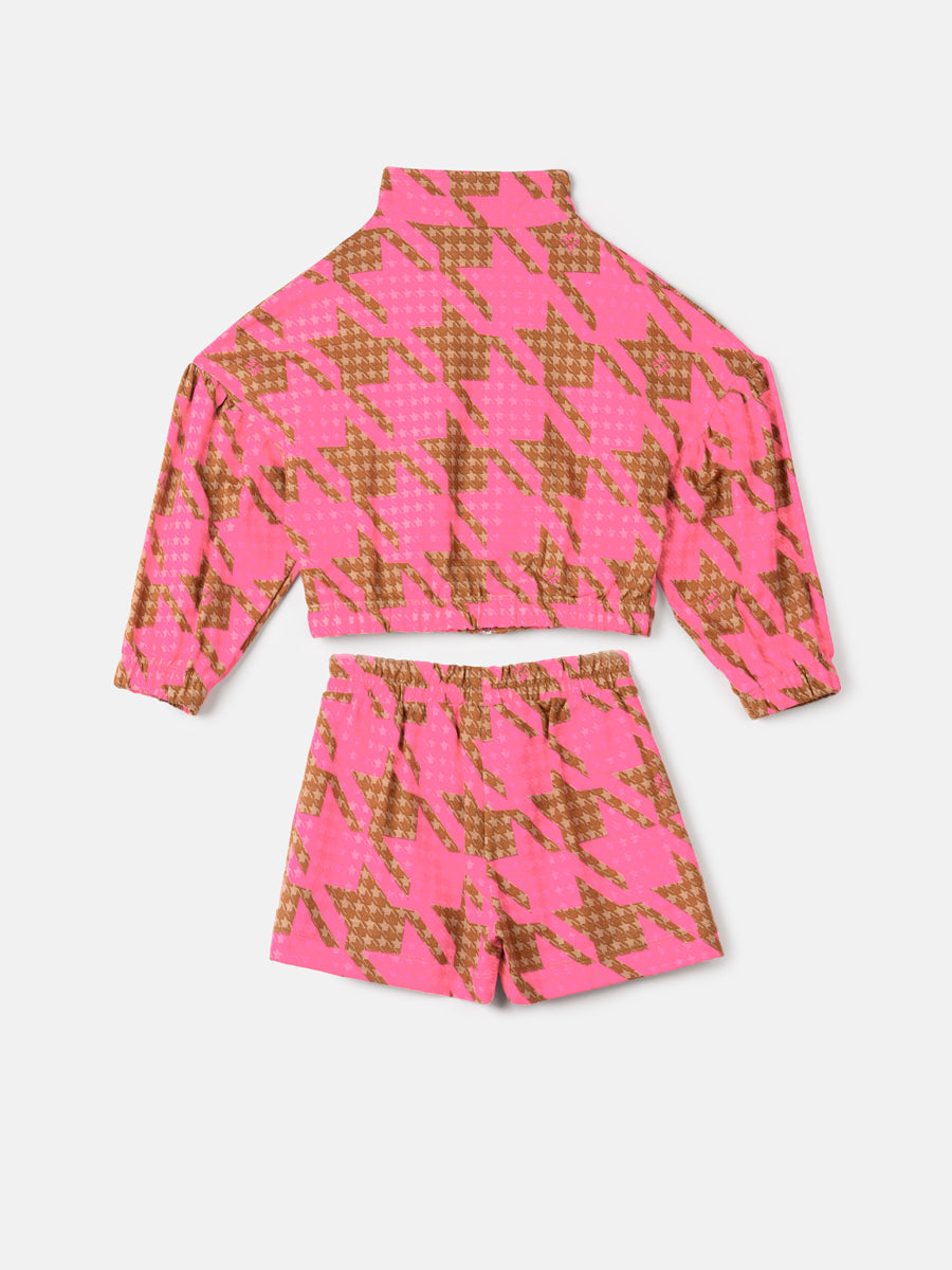 Conjunto Infantil Animê Inverno Shorts Saia e Casaco Rosa Pied de Poule