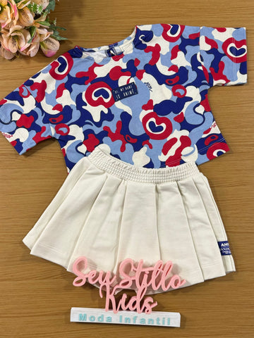 Conjunto Infantil Animê Inverno Shorts Saia e Blusa Colorida