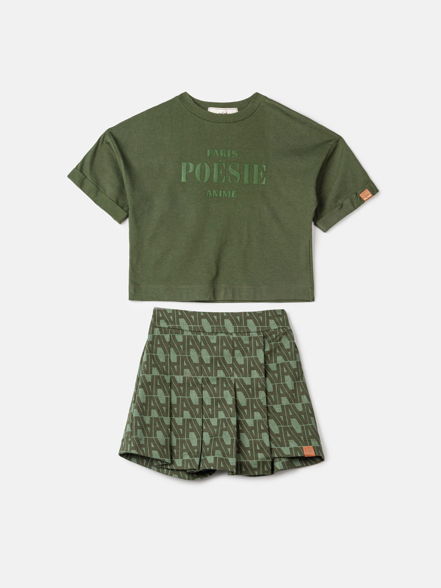 Conjunto Infantil Animê Inverno Shorts Saia e Blusa Verde Paris