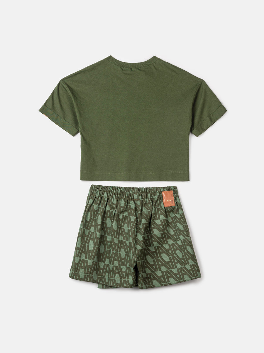 Conjunto Infantil Animê Inverno Shorts Saia e Blusa Verde Paris