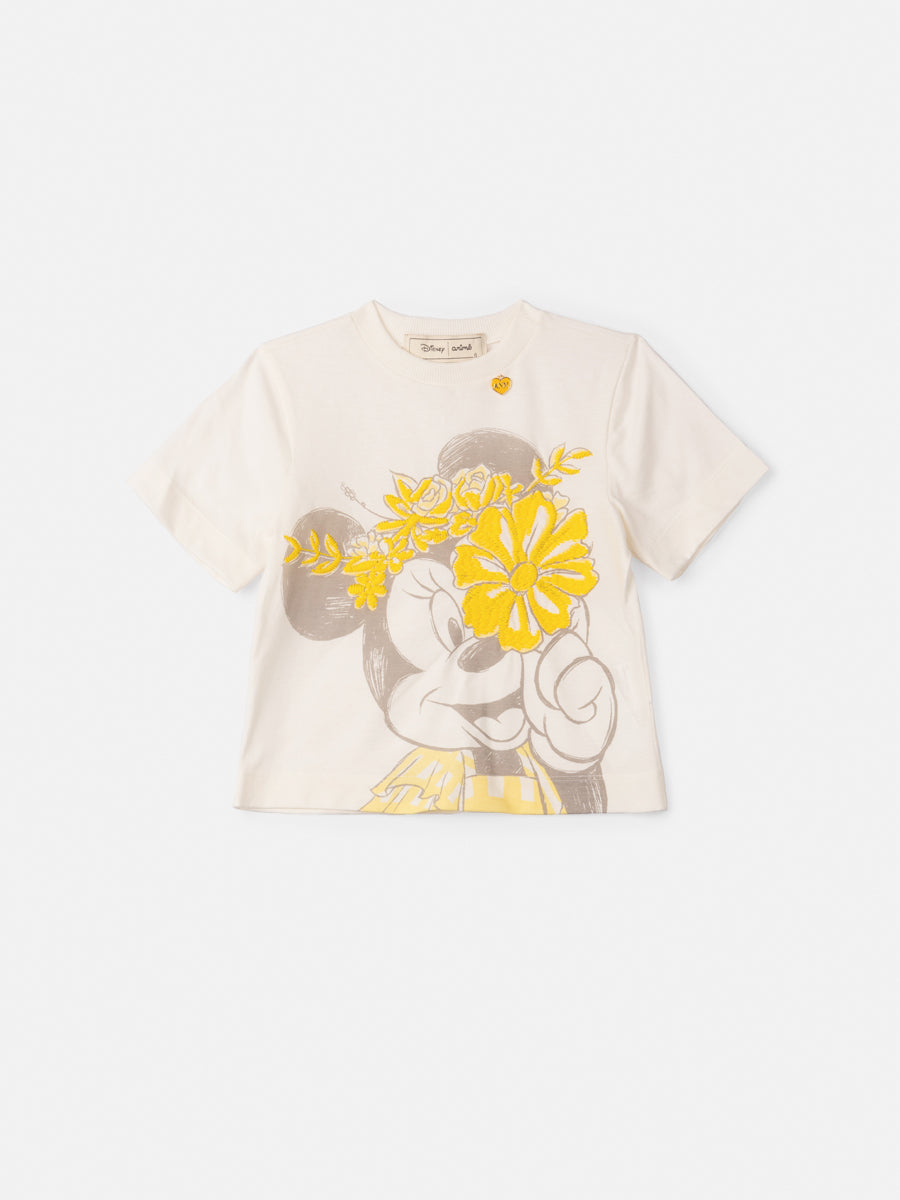 Conjunto Infantil Animê Verão Shorts Sarja e Blusa Minnie Amarela Bordada