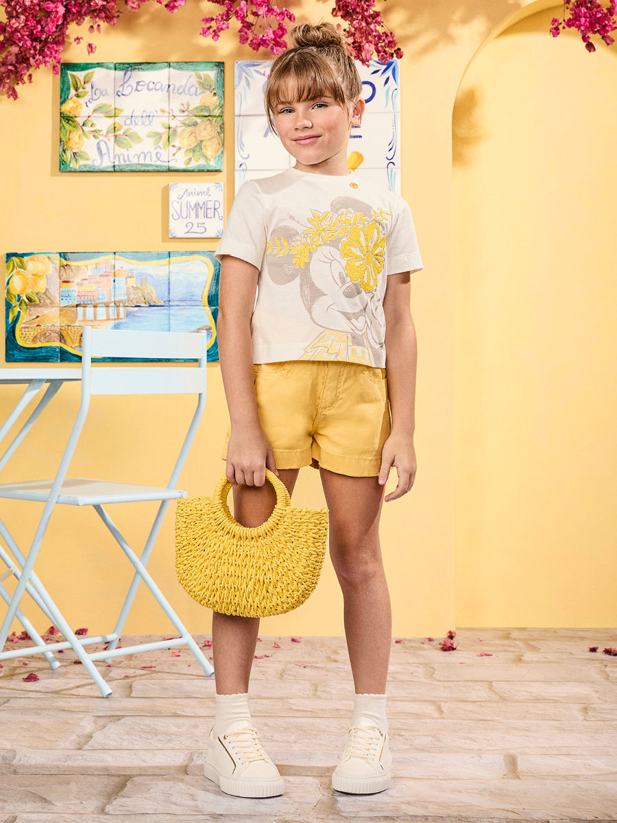 Conjunto Infantil Animê Verão Shorts Sarja e Blusa Minnie Amarela Bordada