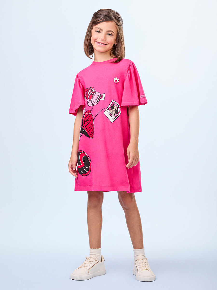 Vestido Infantil Animê Verão Rosa Minnie Disney