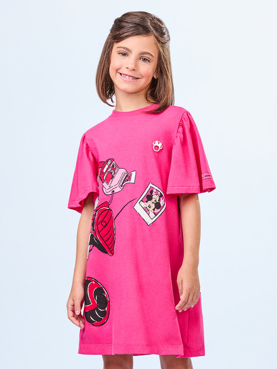 Vestido Infantil Animê Verão Rosa Minnie Disney