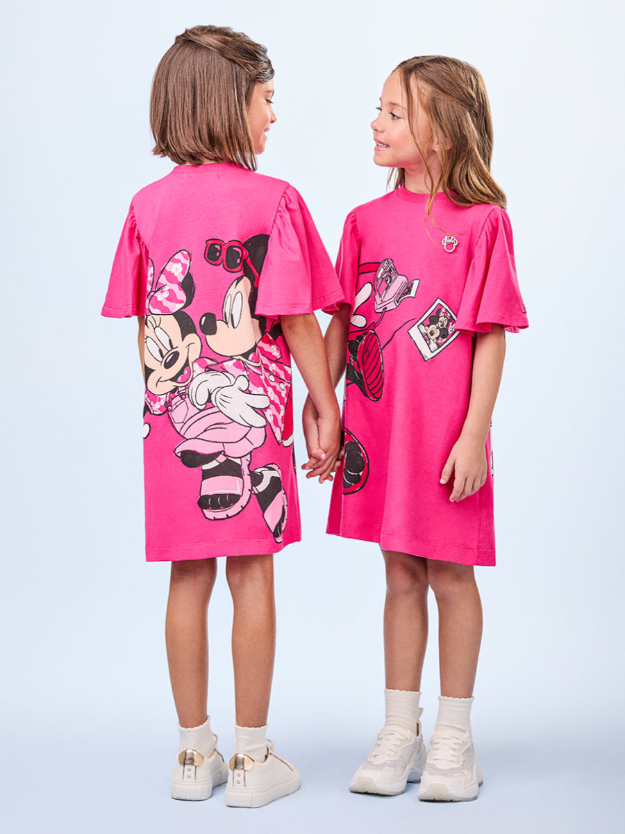 Vestido Infantil Animê Verão Rosa Minnie Disney
