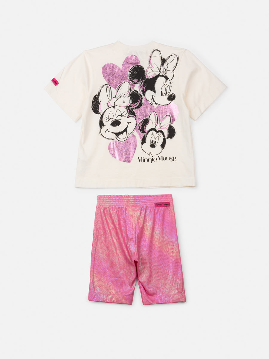 Conjunto Infantil Animê Verão Shorts Ciclista Rosa e Blusa Minnie Disney