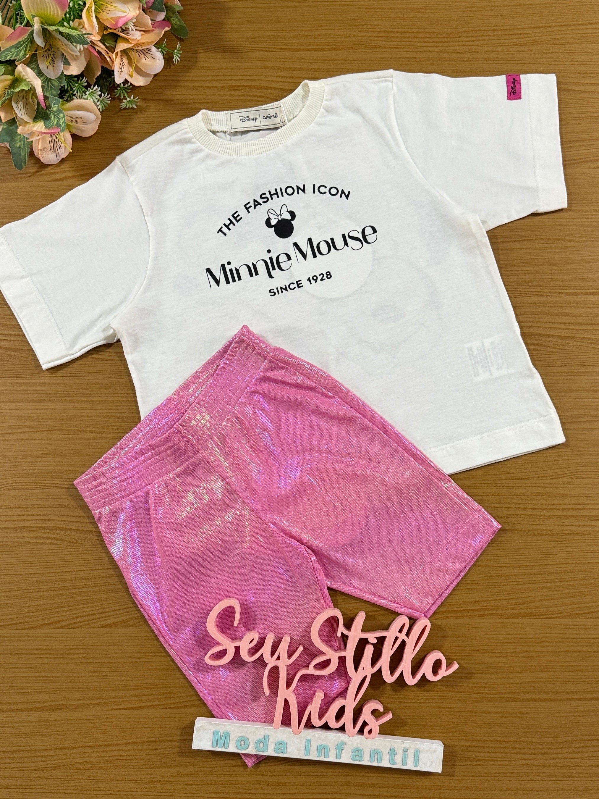 Conjunto Infantil Animê Verão Shorts Ciclista Rosa e Blusa Minnie Disney