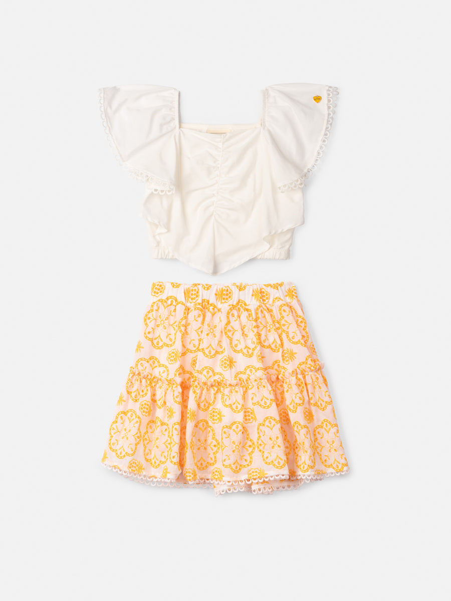 Conjunto Infantil Animê Verão Saia Amarela Laise e Blusa