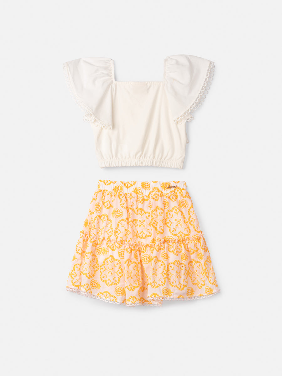 Conjunto Infantil Animê Verão Saia Amarela Laise e Blusa