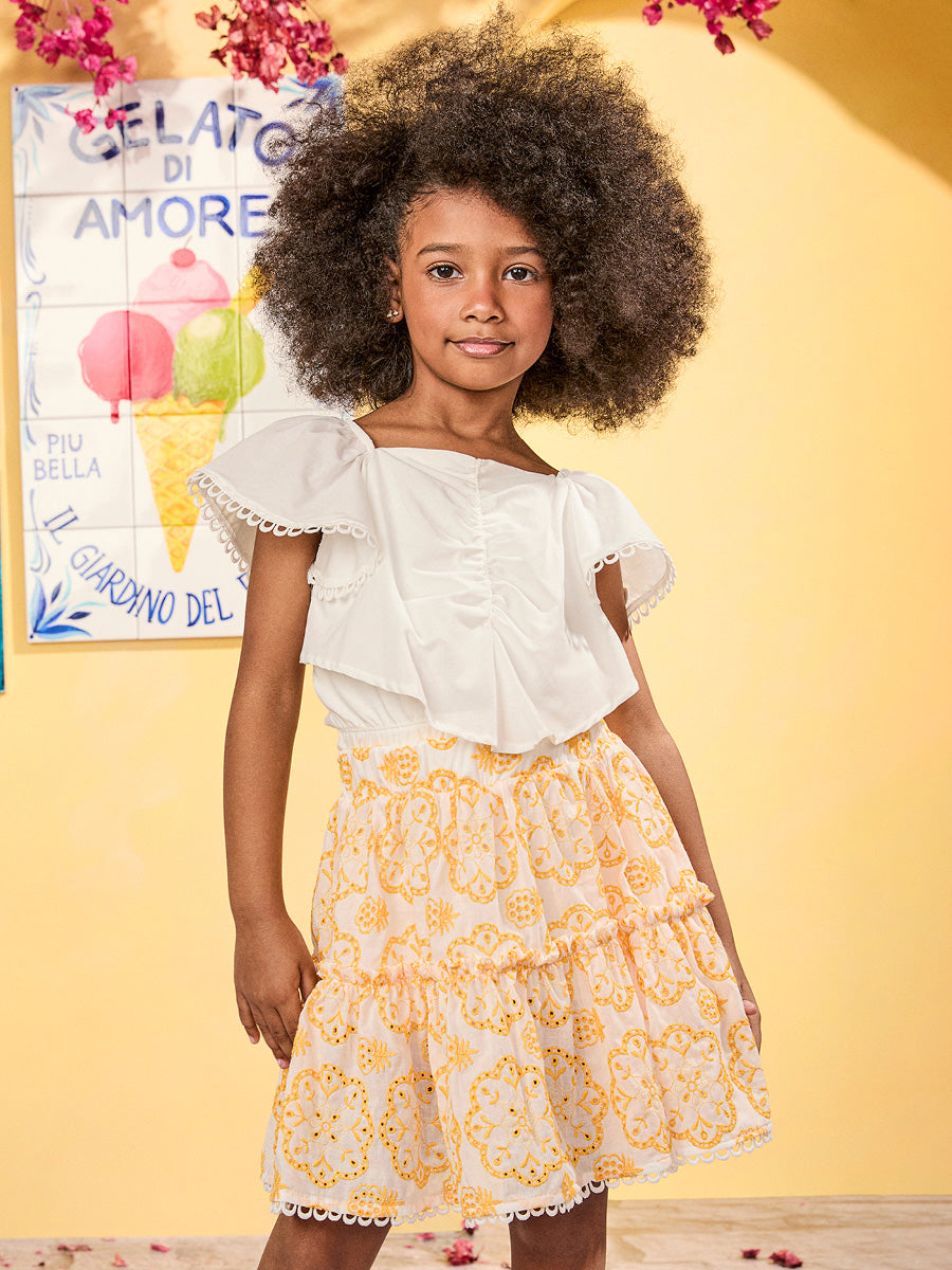 Conjunto Infantil Animê Verão Saia Amarela Laise e Blusa