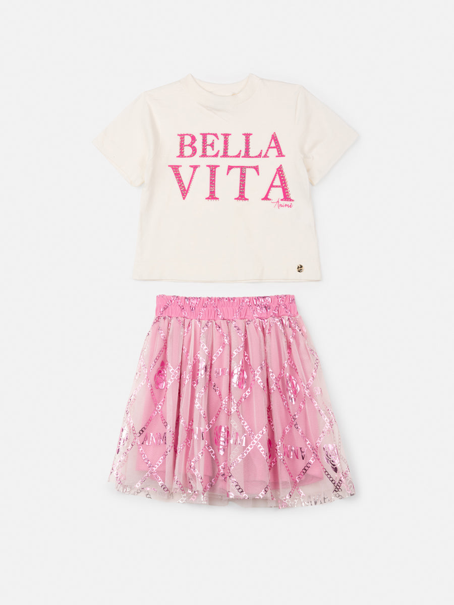 Conjunto Infantil Animê Verão Saia Tule Rosa e Blusa Bella Vita