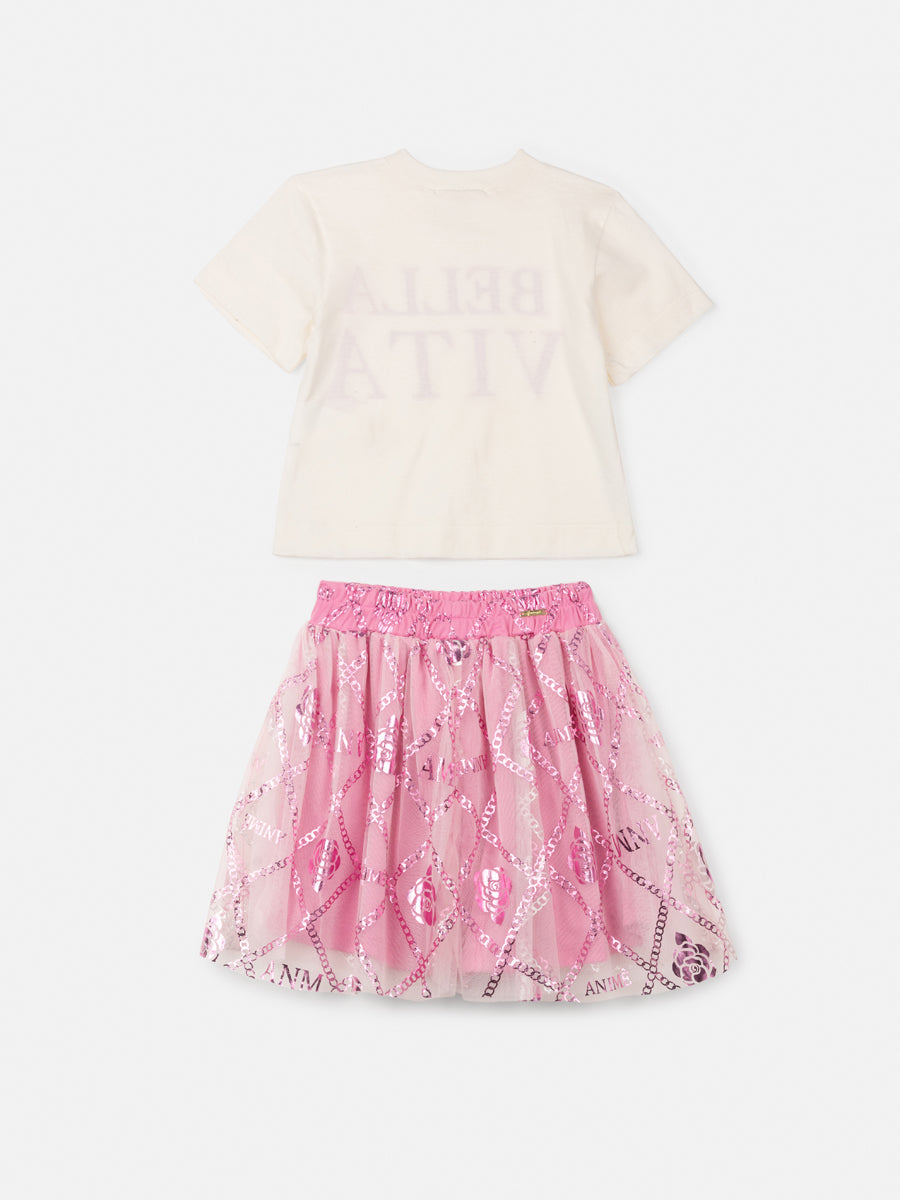 Conjunto Infantil Animê Verão Saia Tule Rosa e Blusa Bella Vita
