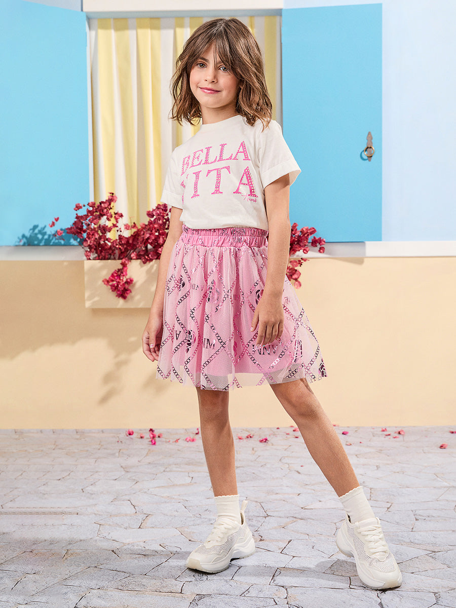 Conjunto Infantil Animê Verão Saia Tule Rosa e Blusa Bella Vita