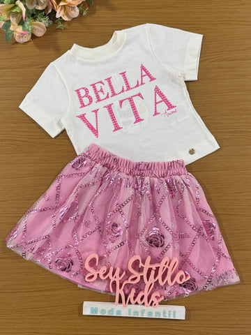 Conjunto Infantil Animê Verão Saia Tule Rosa e Blusa Bella Vita