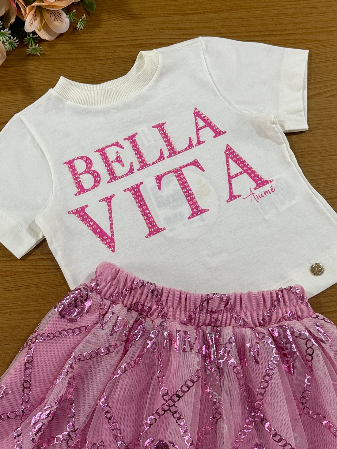Conjunto Infantil Animê Verão Saia Tule Rosa e Blusa Bella Vita