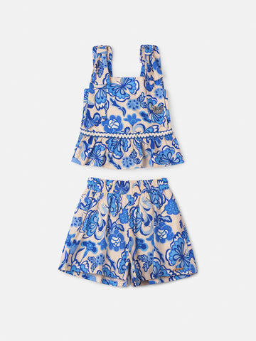 Conjunto Infantil Anime Verão Shorts e Blusa Azul Borboleta