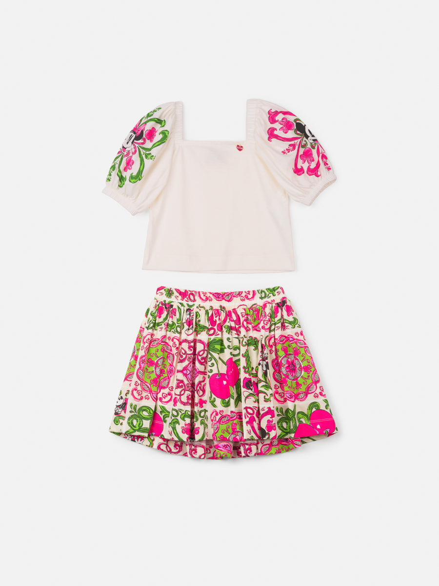 Conjunto Infantil Animê Verão Saia Rosa Minnie e Blusa Off Disney