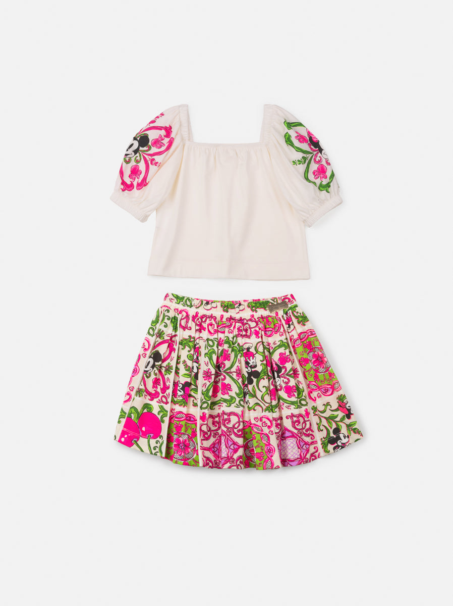 Conjunto Infantil Animê Verão Saia Rosa Minnie e Blusa Off Disney