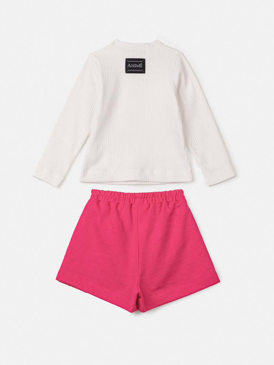 Conjunto Infantil Animê Inverno Shorts e Blusa Manga Longa Branca