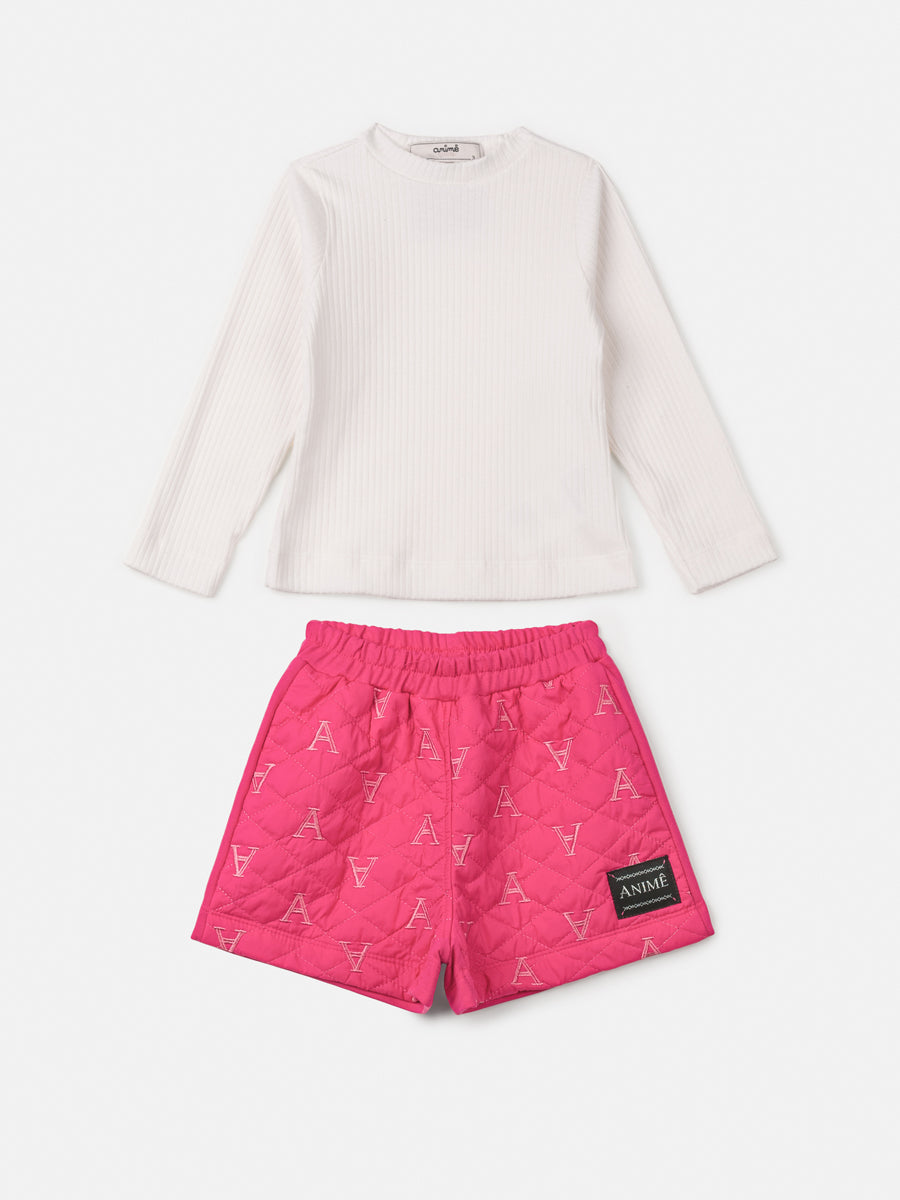 Conjunto Infantil Animê Inverno Shorts e Blusa Manga Longa Branca
