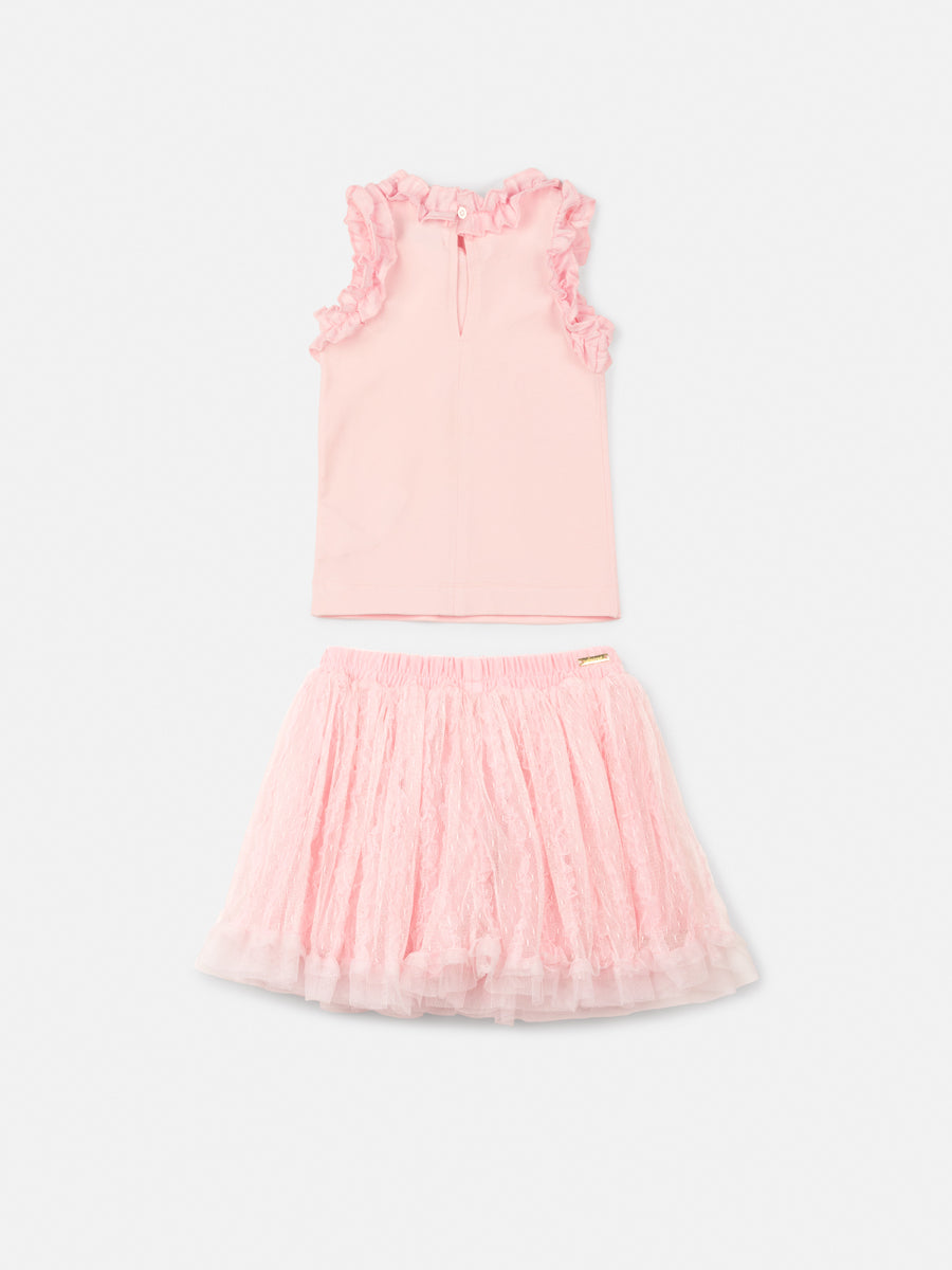 Conjunto Infantil Animê Verão Saia Rosa Tule e Blusa Rosa Babado