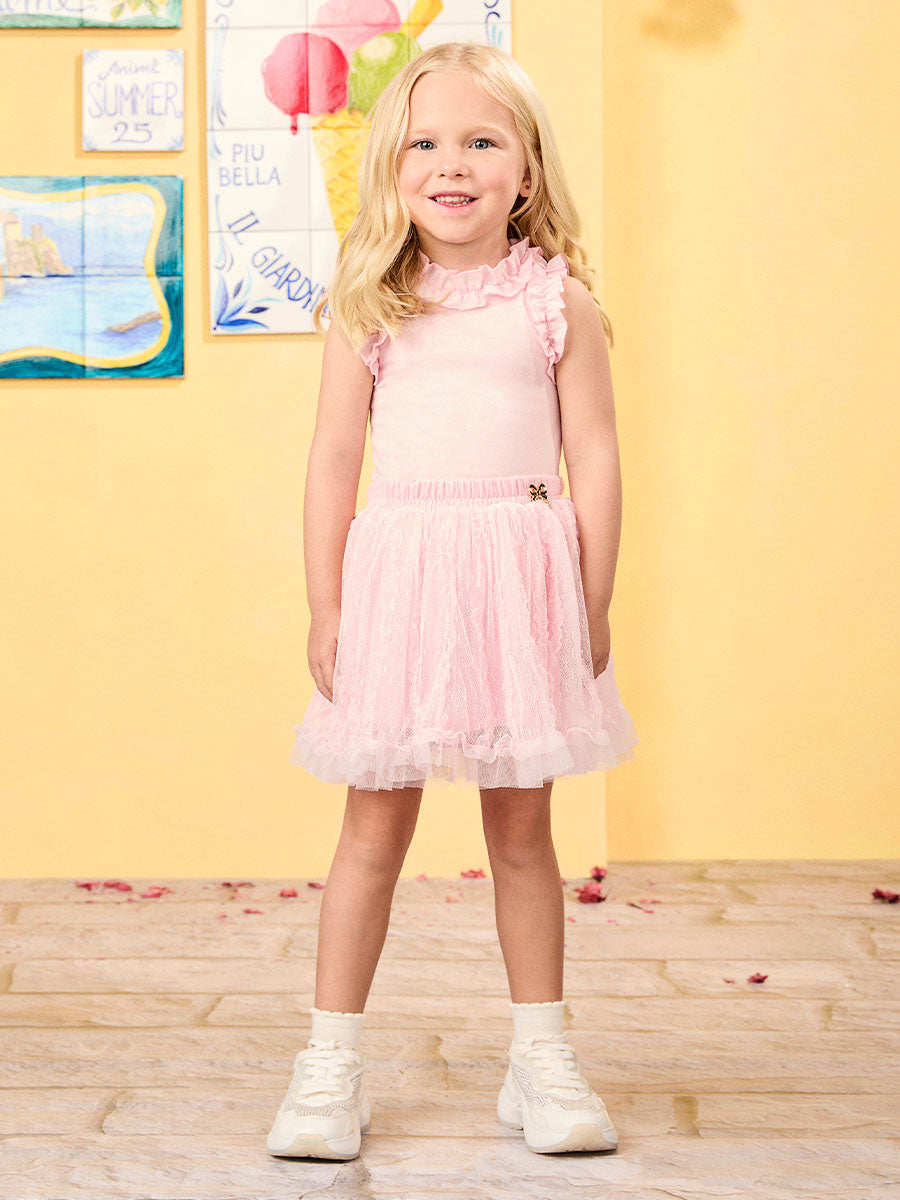 Conjunto Infantil Animê Verão Saia Rosa Tule e Blusa Rosa Babado
