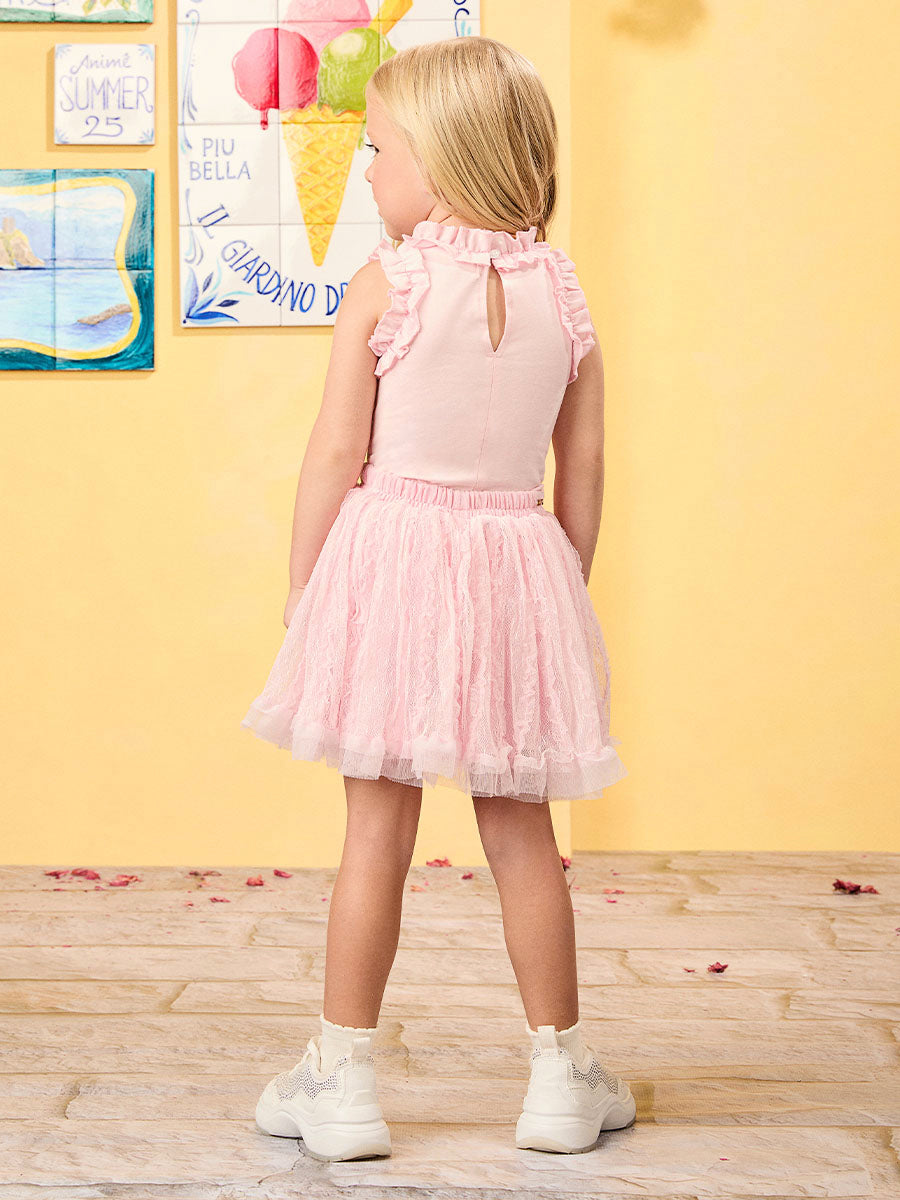 Conjunto Infantil Animê Verão Saia Rosa Tule e Blusa Rosa Babado