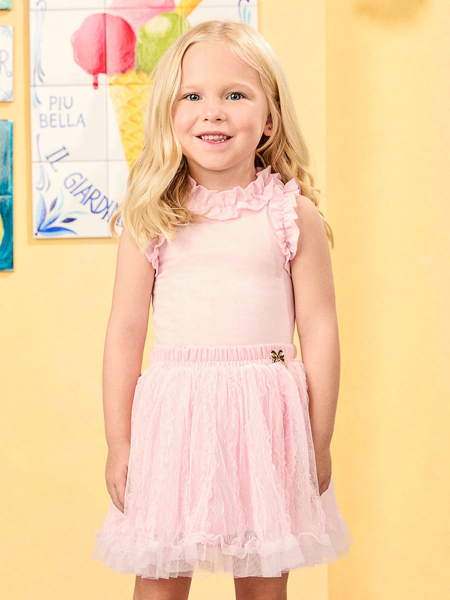Conjunto Infantil Animê Verão Saia Rosa Tule e Blusa Rosa Babado
