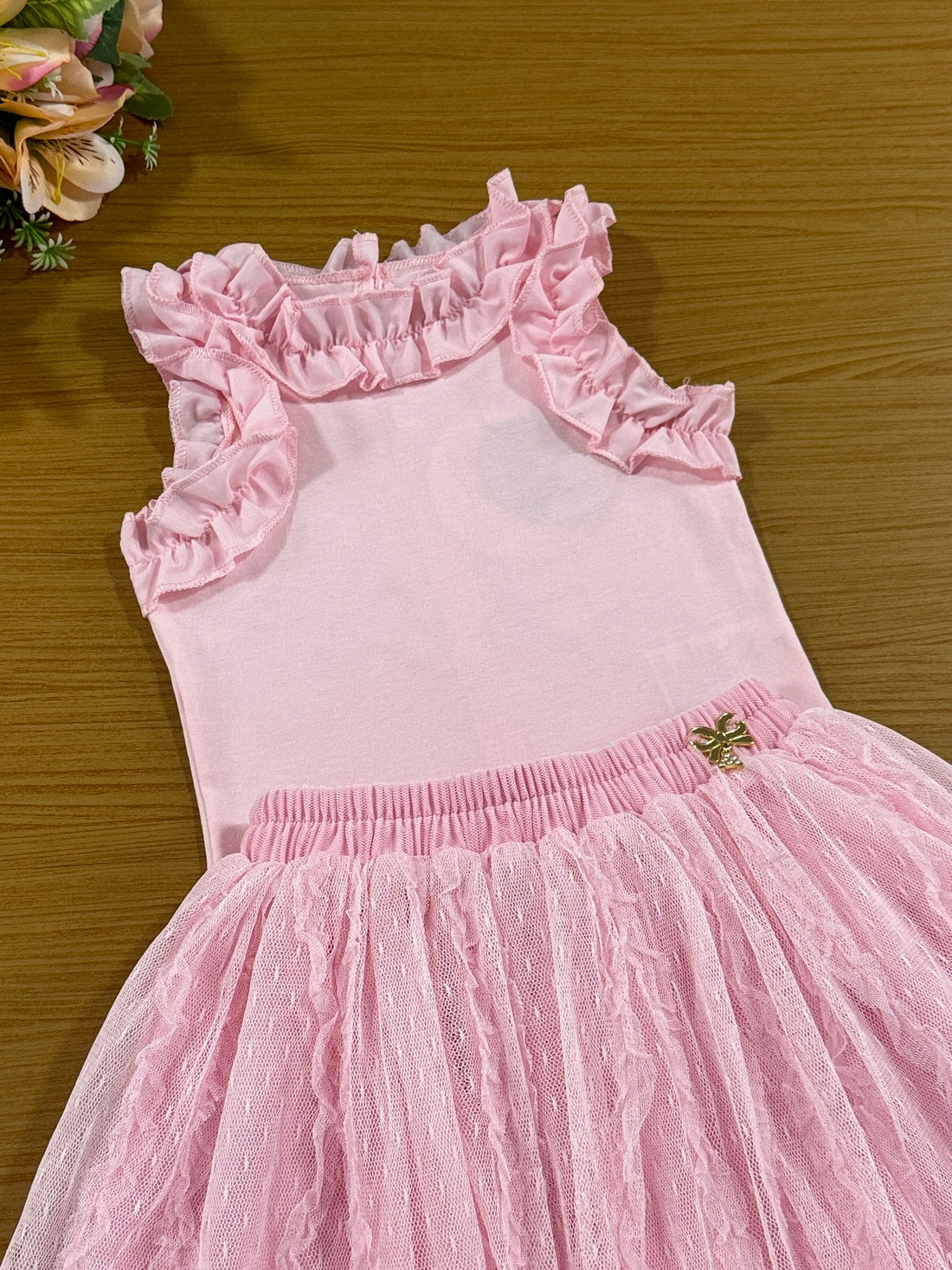 Conjunto Infantil Animê Verão Saia Rosa Tule e Blusa Rosa Babado