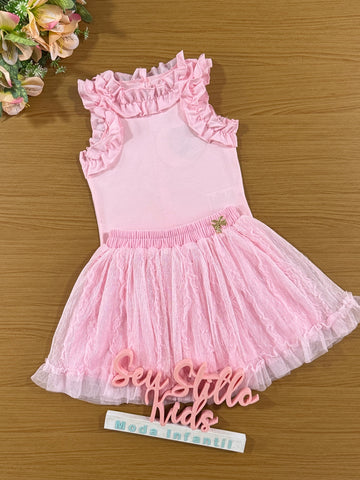 Conjunto Infantil Animê Verão Saia Rosa Tule e Blusa Rosa Babado