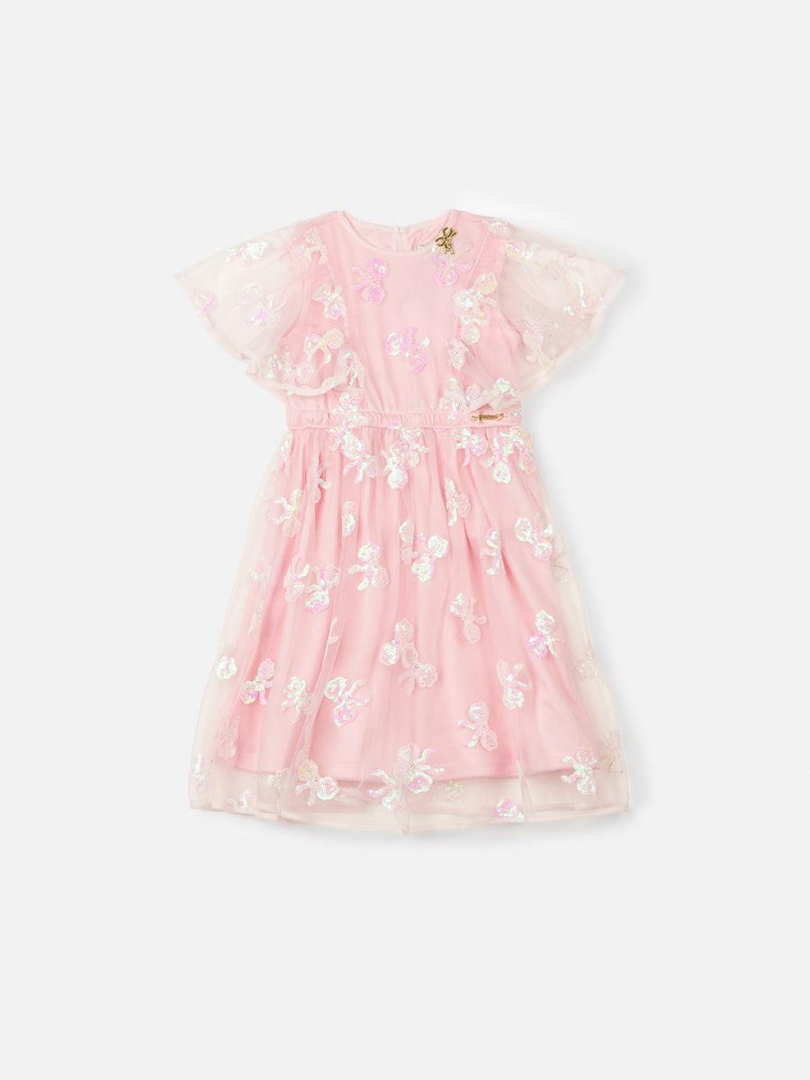 Vestido Infantil Animê Verão Tule Rosa Laço