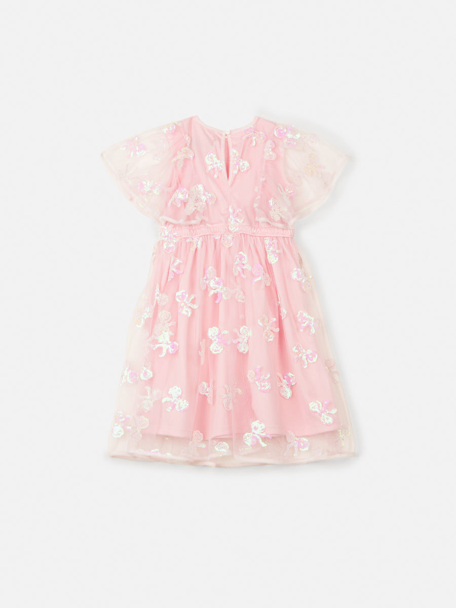 Vestido Infantil Animê Verão Tule Rosa Laço