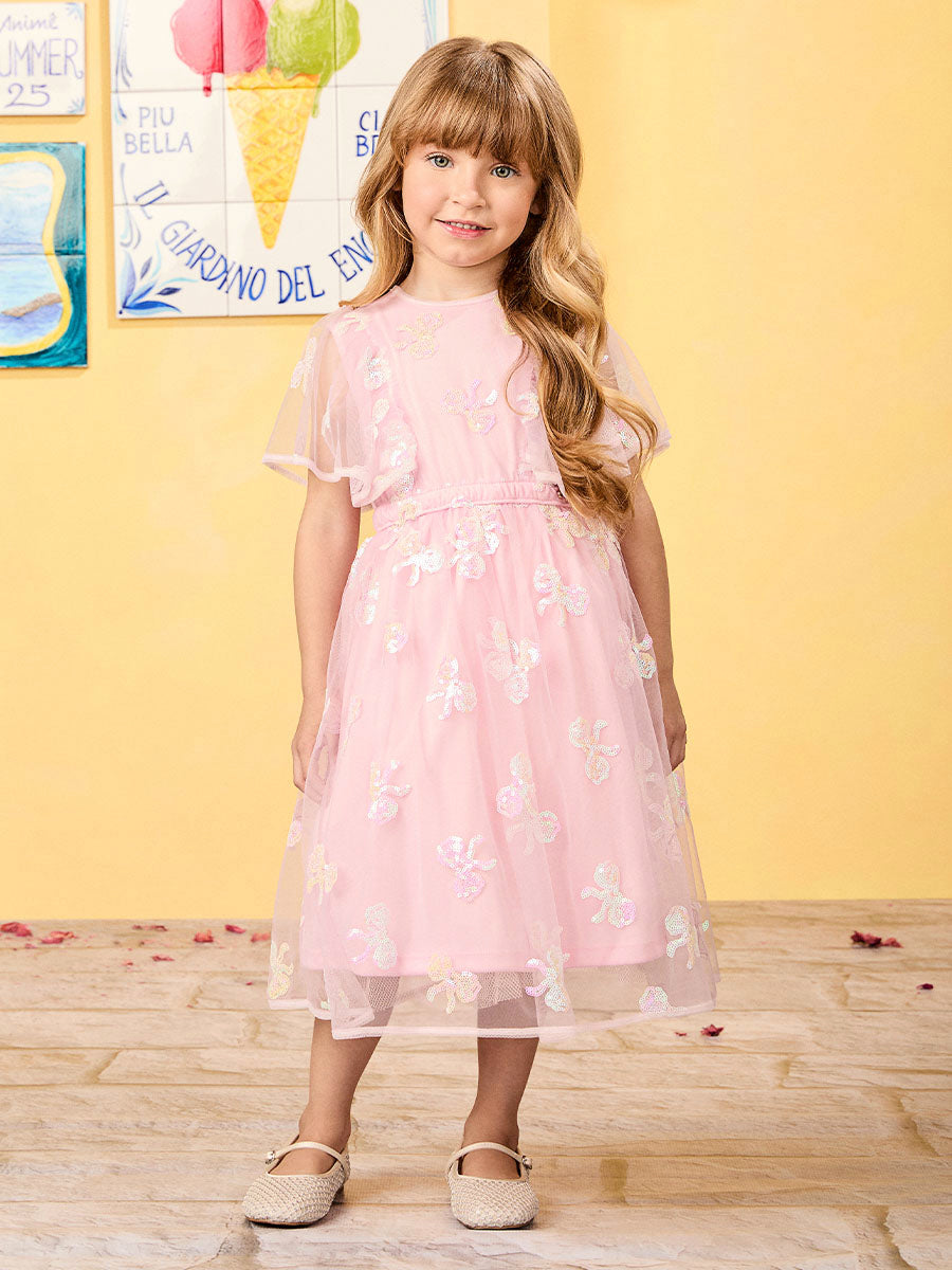 Vestido Infantil Animê Verão Tule Rosa Laço