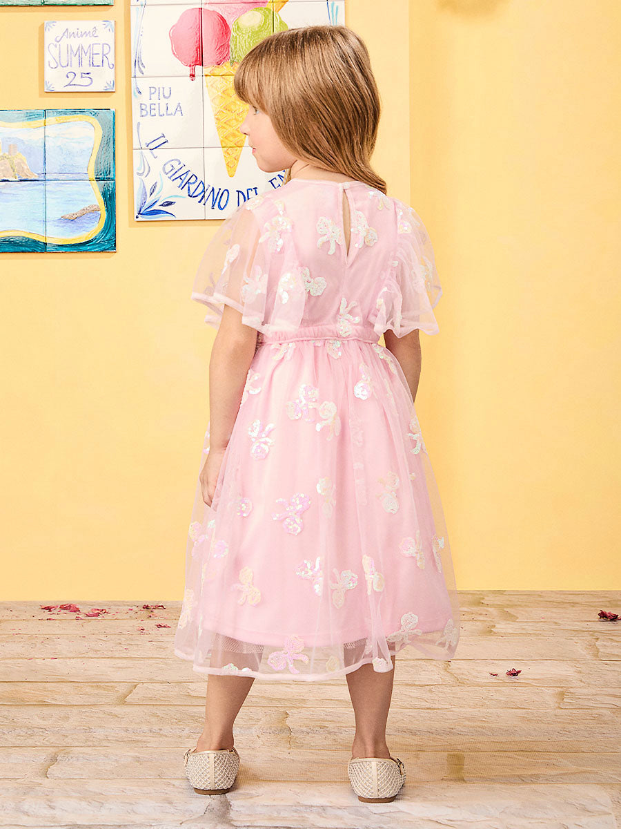 Vestido Infantil Animê Verão Tule Rosa Laço