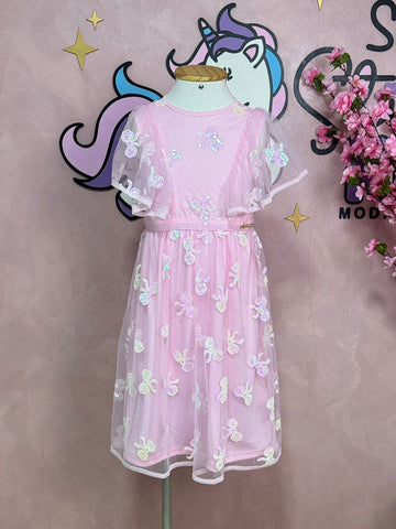 Vestido Infantil Animê Verão Tule Rosa Laço