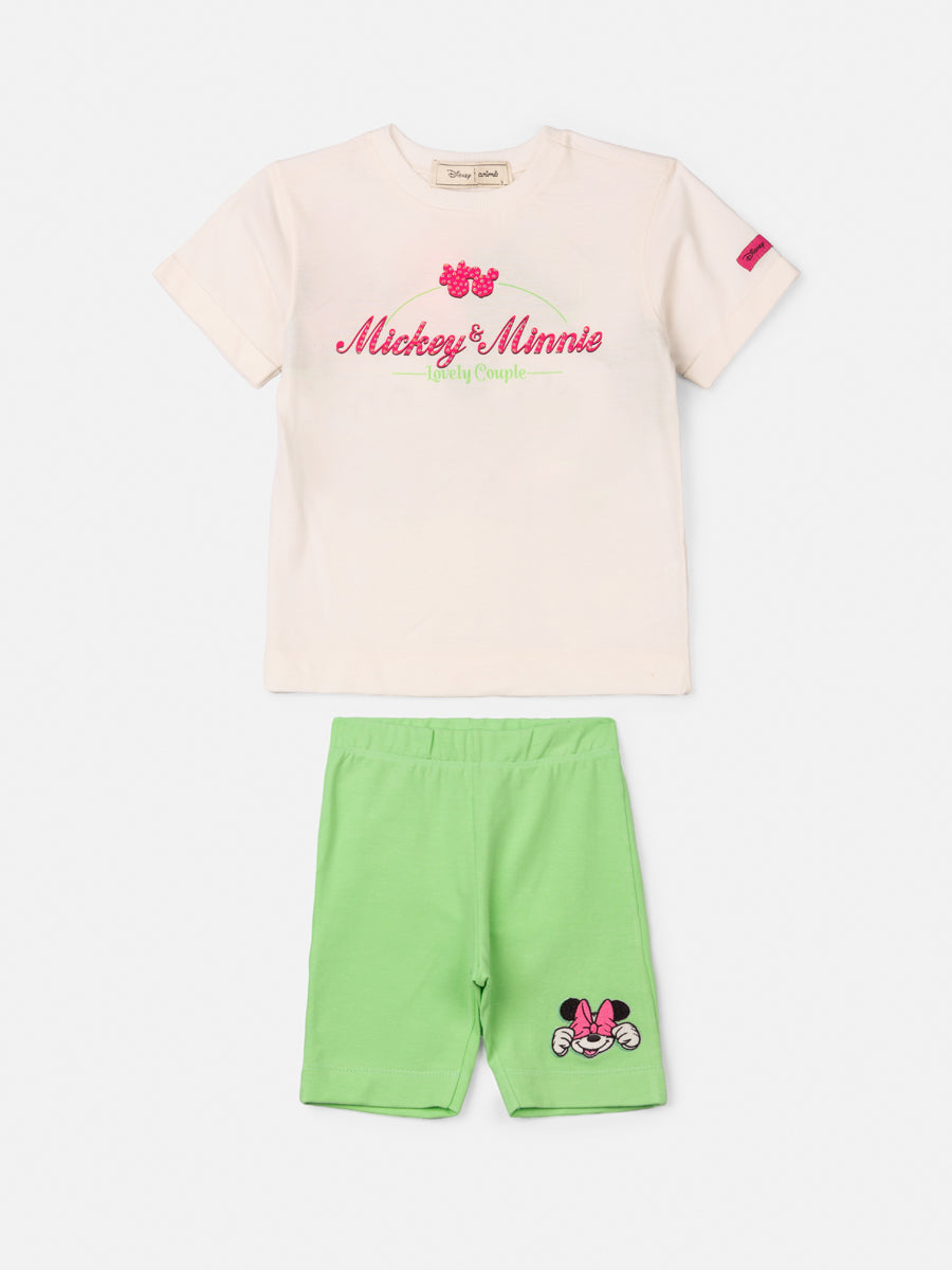 Conjunto Infantil Animê Verão Shorts Ciclista Verde e Blusa Minnie e Mickey Disney