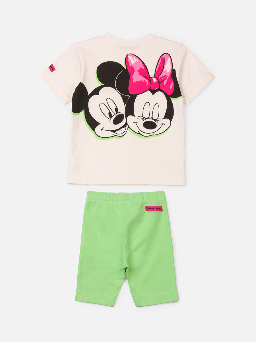 Conjunto Infantil Animê Verão Shorts Ciclista Verde e Blusa Minnie e Mickey Disney