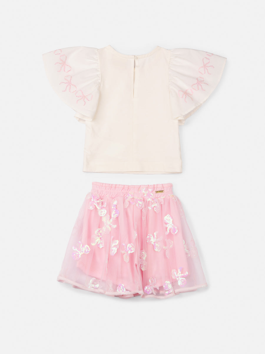 Conjunto Infantil Animê Verão Saia Tule Rosa e Blusa Laço