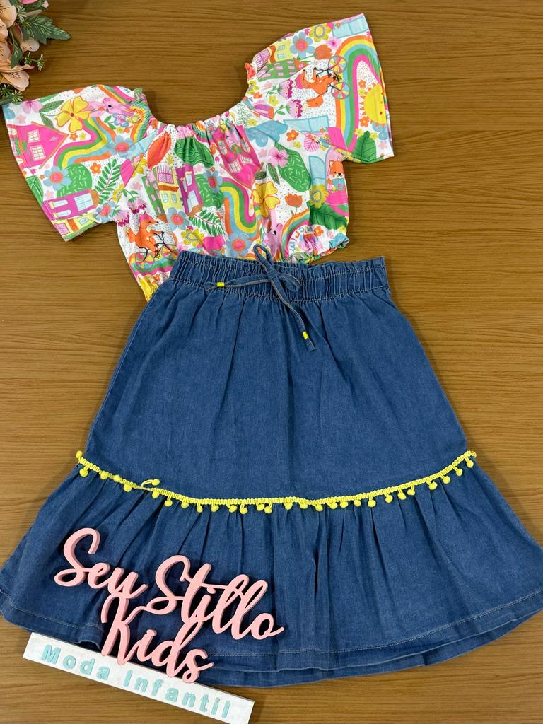Conjunto Infantil Kukie Alecrim Verão Com Saia Midi e Blusa Cidade Feliz