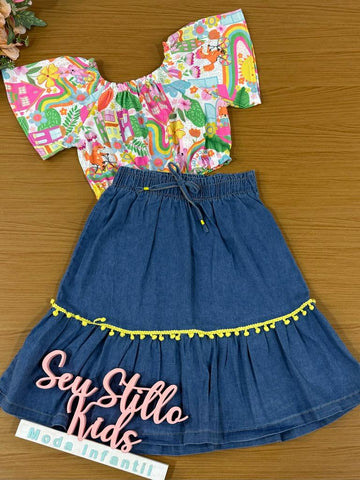Conjunto Infantil Kukie Alecrim Verão Com Saia Midi e Blusa Cidade Feliz