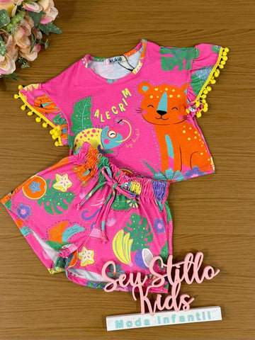 Conjunto Infantil Kukie Alecrim Verão Com Shorts e Blusa Rosa Bichinhos