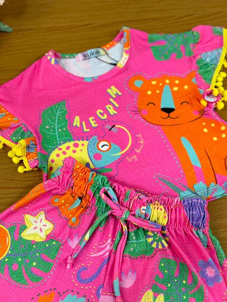 Conjunto Infantil Kukie Alecrim Verão Com Shorts e Blusa Rosa Bichinhos