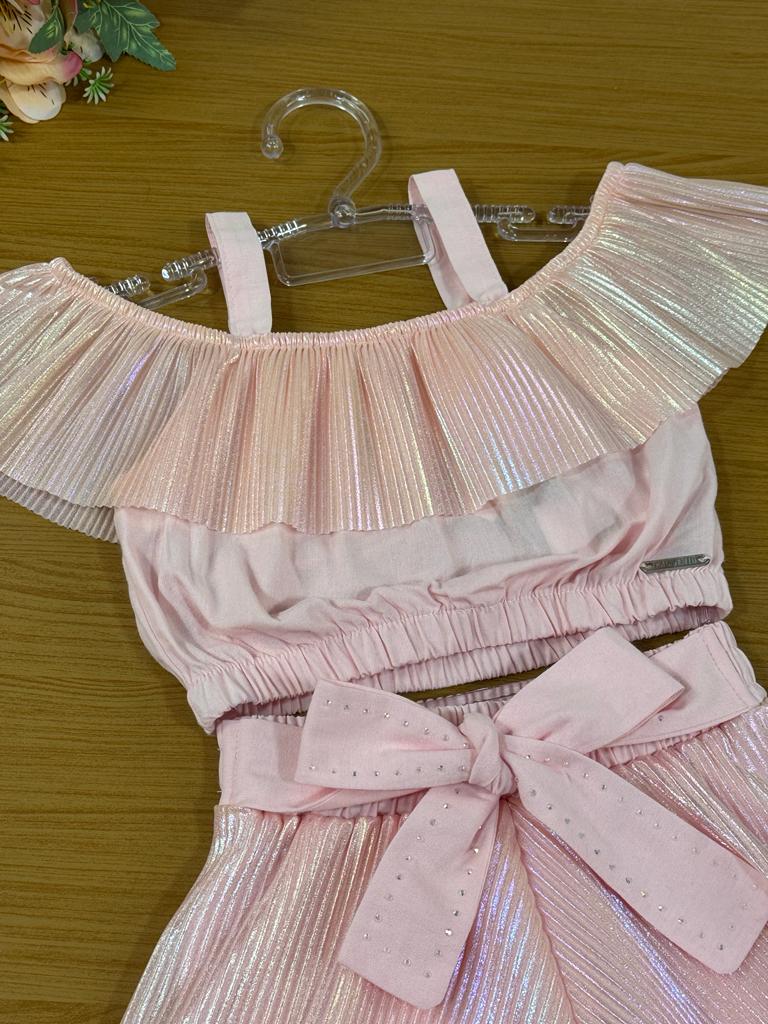Conjunto Infantil Catavento Verão Com Shorts e Cropped Rosa holográfico