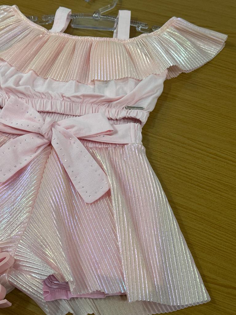 Conjunto Infantil Catavento Verão Com Shorts e Cropped Rosa holográfico